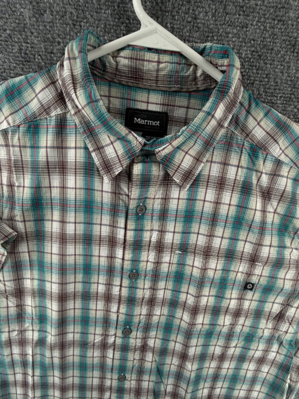 Marmot Short Sleeve Button Up Shirt Men Plaid Blue Red Outdoors Large Nylon
